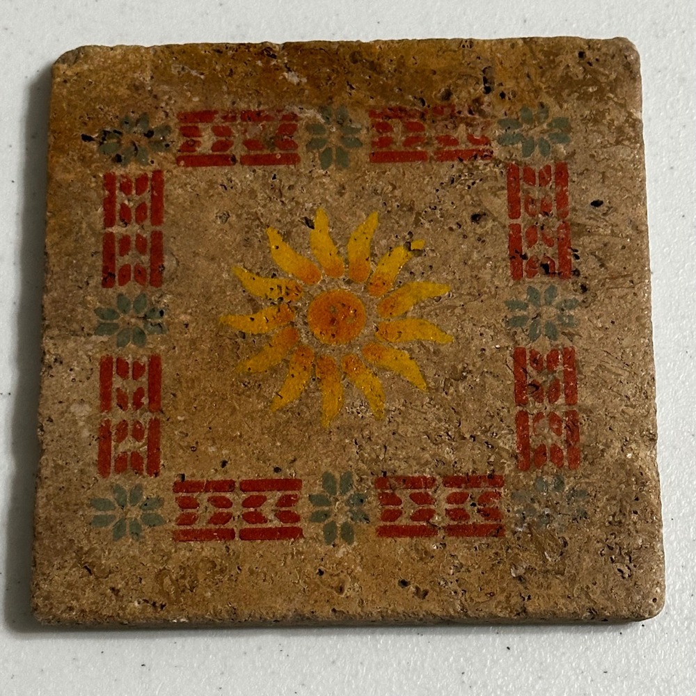 Vintage Travertine Stone Coaster Sunburst Sun Geometric Red Green Tan 6 x 6 Tile